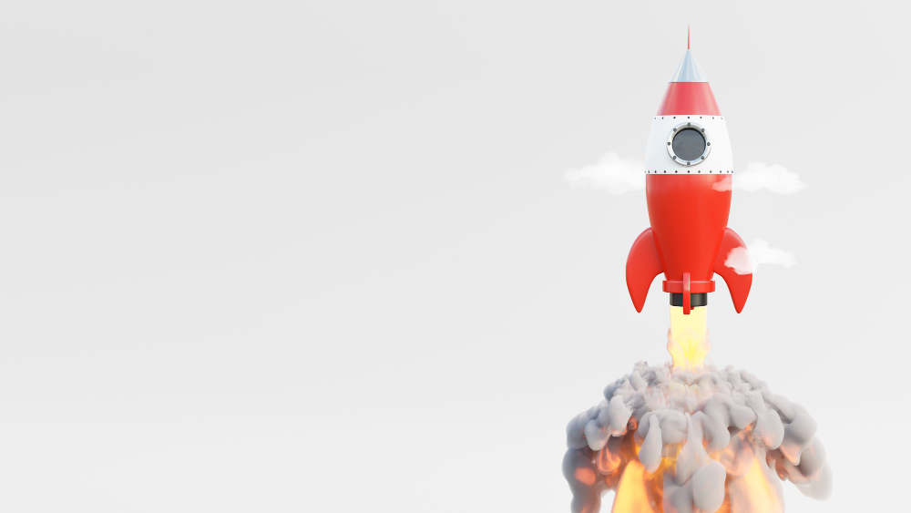 red rocket launching with fire and smoke underneath